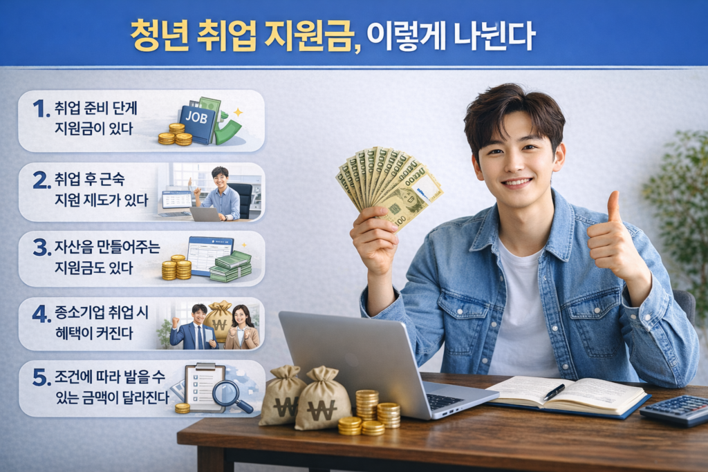 청년 취업 지원금을 설명하는 인포그래픽으로, 한국 남성이 노트북과 현금을 들고 웃으며 취업 준비, 근속 지원, 자산 형성, 중소기업 혜택 등 6가지 지원금 구조를 소개하는 이미지