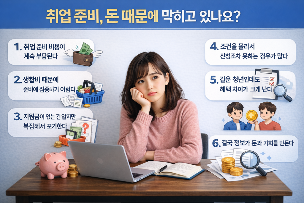 취업 준비 비용 부담으로 고민하는 한국 여성과 노트북, 저금통, 서류가 놓인 책상 위에서 취업 준비 현실 문제 6가지를 설명하는 인포그래픽 이미지