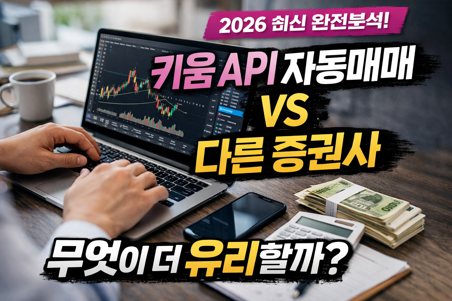 노트북으로 주식 차트를 분석하며 자동매매를 설정하는 모습과 함께 ‘키움 API 자동매매 vs 다른 증권사, 무엇이 더 유리할까?’라는 문구가 강조된 현대적인 금융 비교 썸네일 이미지