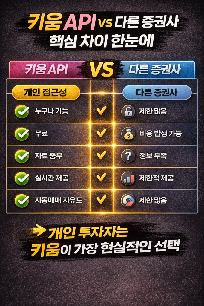 키움 API와 다른 증권사를 비교하며 접근성, 비용, 데이터 제공, 자동매매 자유도 등 핵심 차이를 한눈에 정리한 현대적인 금융 비교 인포그래픽 이미지