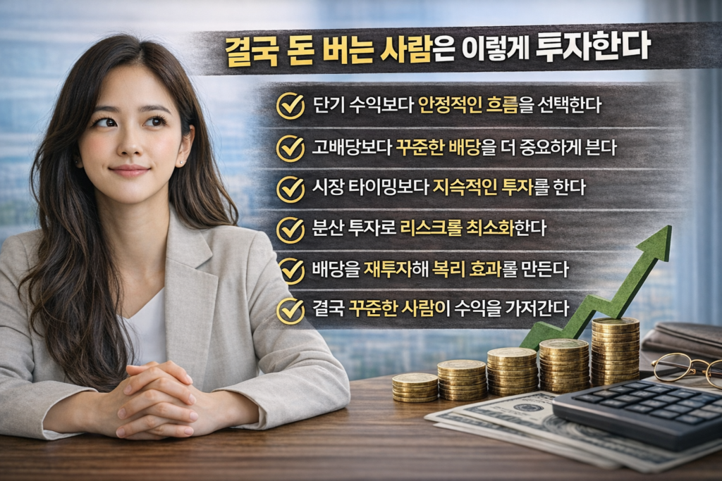 안정적인 자세로 앉아 있는 여성과 함께 동전, 계산기, 상승 그래프가 배치되고 돈 버는 투자 원칙 6가지가 정리된 인포그래픽 이미지