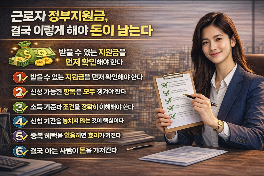 정장을 입은 여성이 체크리스트를 들고 있는 모습과 함께, 근로자 정부지원금을 효과적으로 받기 위한 핵심 방법 6가지를 정리한 결론 인포그래픽 이미지