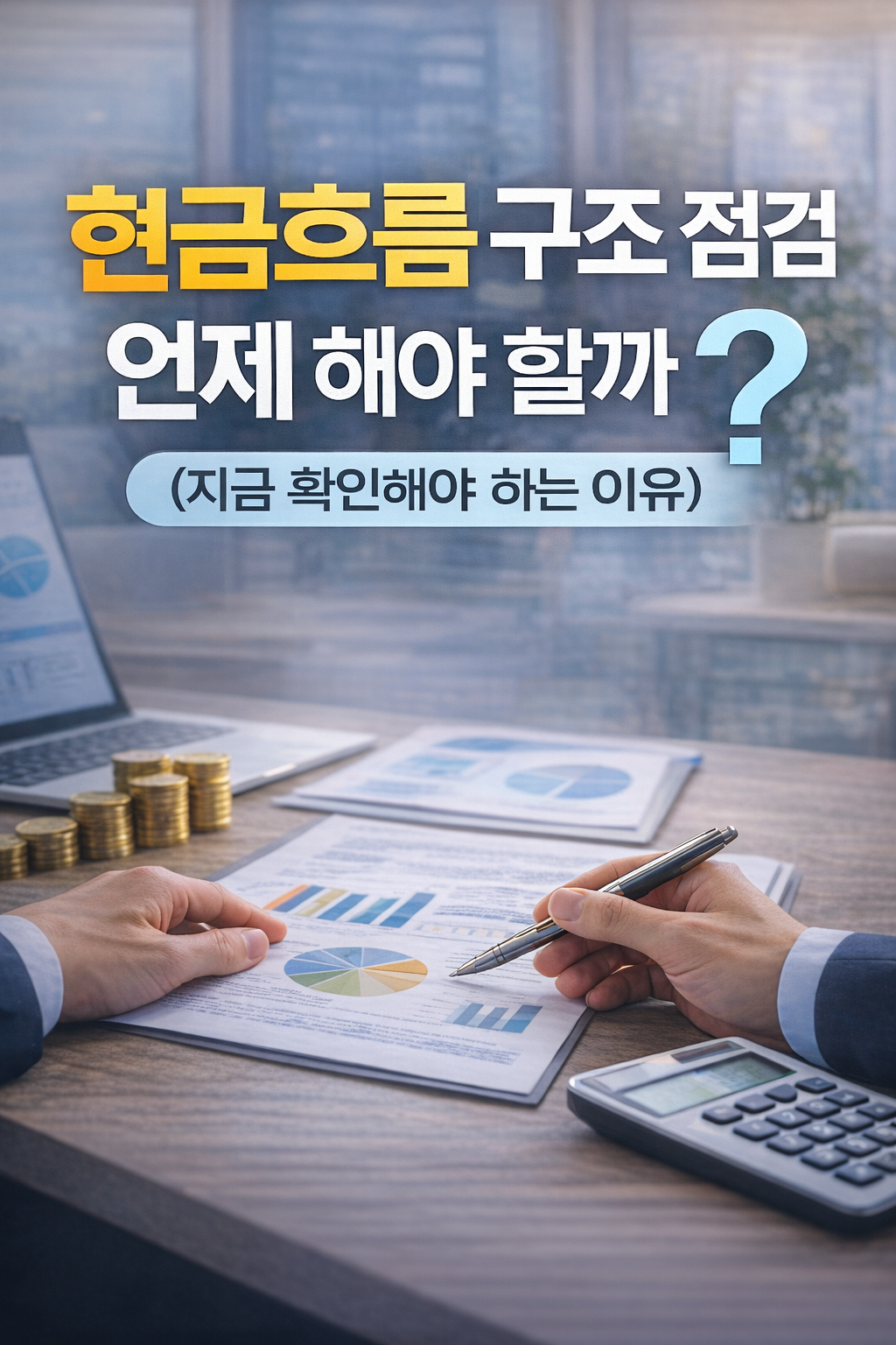 현금흐름 구조 점검 시점을 설명하는 썸네일 이미지로, 재무 서류와 계산기를 분석하는 장면과 함께 현금흐름 관리의 중요성을 강조한 사진