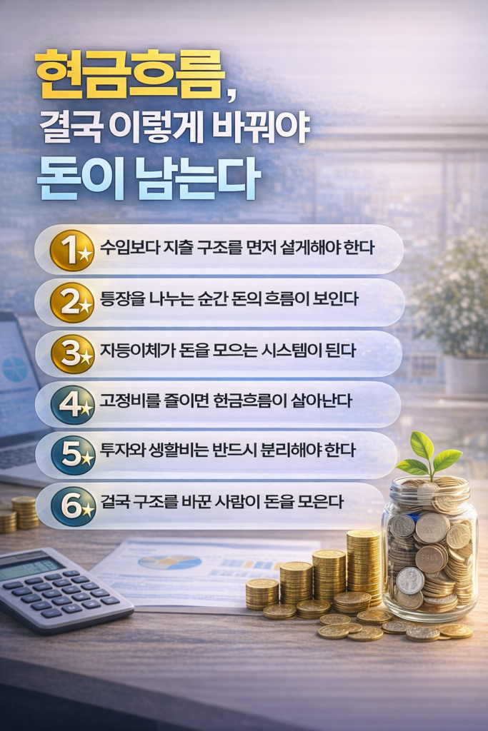 현금흐름을 개선하는 6가지 방법을 정리한 인포그래픽으로, 지출 구조 설계, 통장 분리, 자동이체 시스템, 고정비 절감, 투자와 생활비 분리, 구조 개선의 중요성을 설명한 이미지