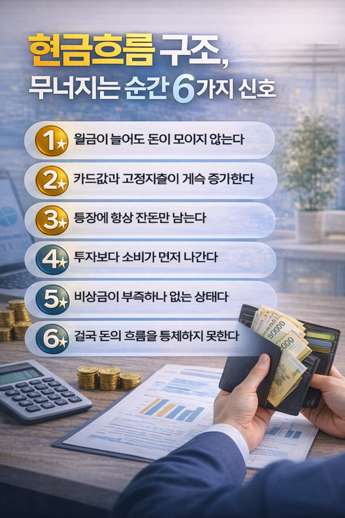 현금흐름 구조가 무너지는 6가지 신호를 설명한 인포그래픽으로, 돈이 모이지 않는 상황, 지출 증가, 잔액 부족, 소비 우선 구조, 비상금 부족, 현금흐름 통제 실패를 강조한 이미지