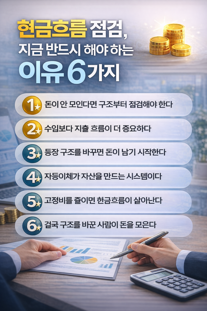 현금흐름 점검이 필요한 이유 6가지를 정리한 인포그래픽으로, 돈이 안 모이는 원인, 지출 구조 중요성, 통장 구조 변경, 자동이체 시스템, 고정비 절감, 구조 개선의 필요성을 설명한 이미지