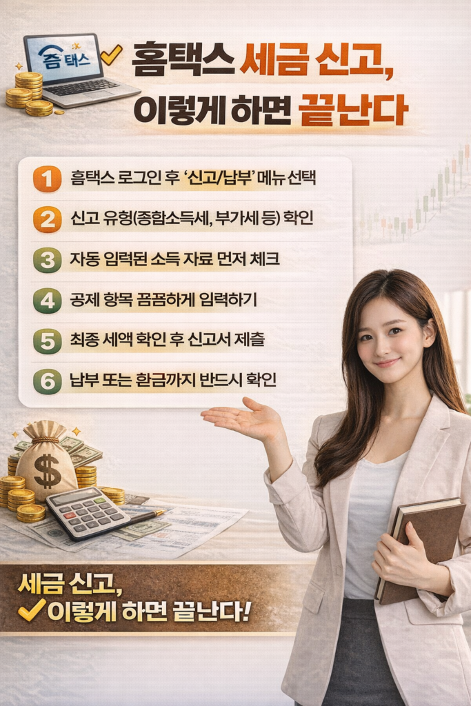 손바닥을 펼쳐 홈택스 세금 신고 절차를 안내하는 여성과 함께 단계별 신고 방법을 설명하는 재테크 인포그래픽 이미지