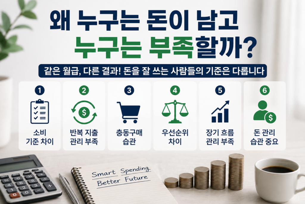 돈이 남는 사람과 부족한 사람의 소비 기준 차이를 설명하는 현대적인 재테크 인포그래픽 이미지