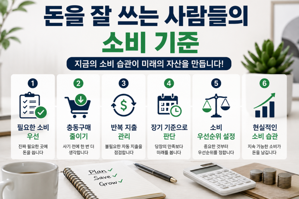 돈을 잘 쓰는 사람들의 소비 기준과 현실적인 소비 습관을 설명하는 현대적인 재테크 인포그래픽 이미지