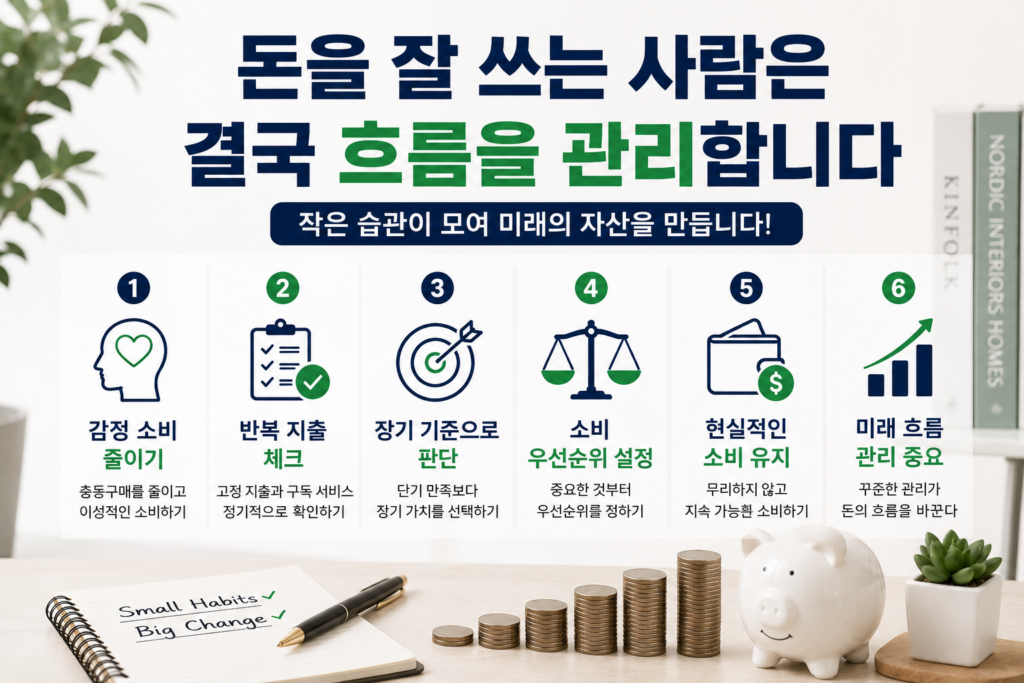 돈을 잘 쓰는 사람들의 소비 흐름 관리와 현실적인 소비 습관을 설명하는 현대적인 재테크 인포그래픽 이미지