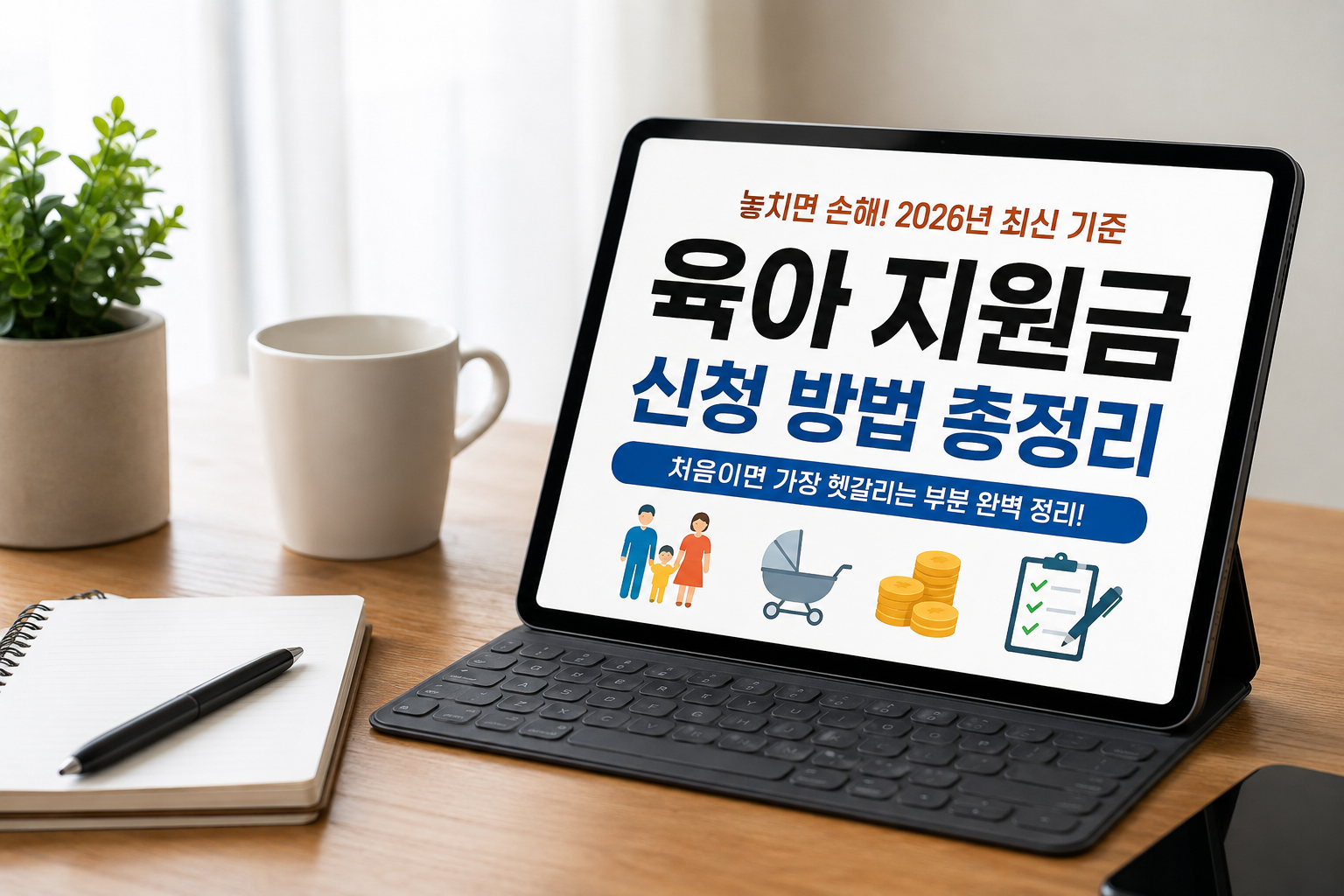 육아 지원금 신청 방법을 설명하는 현대적인 분위기의 홈판용 썸네일 이미지. 밝은 실내에서 젊은 부모가 아기를 안고 스마트폰으로 정부 지원금 신청 화면을 확인하고 있으며, 옆에는 노트북과 육아 서류가 놓여 있다. 실물사진 스타일의 따뜻하고 신뢰감 있는 분위기.