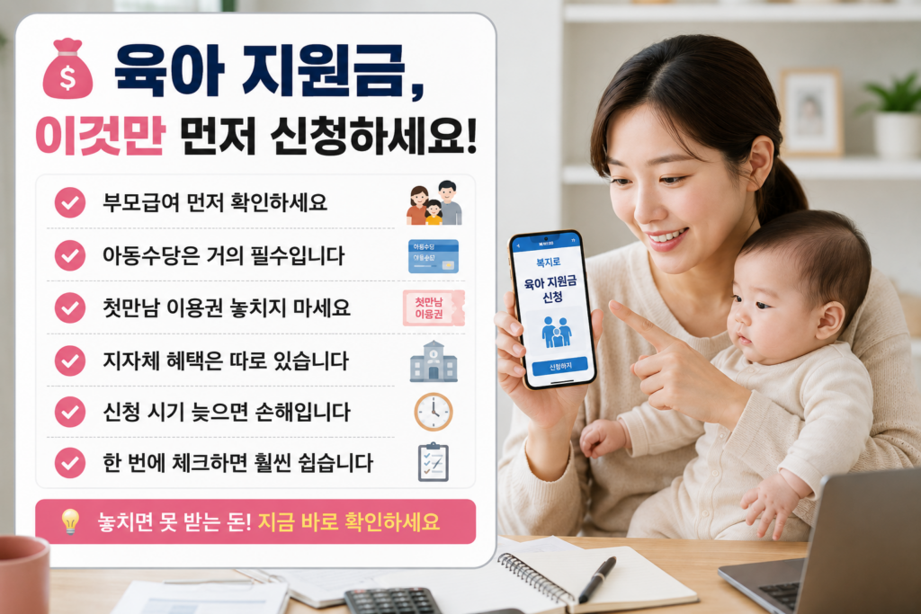 육아 지원금 신청 핵심 내용을 정리한 현대적인 인포그래픽 이미지. 젊은 엄마가 아기를 안고 스마트폰으로 육아 지원금 신청 화면을 보여주고 있으며, 왼쪽에는 부모급여·아동수당·첫만남 이용권 등 꼭 먼저 신청해야 하는 항목들이 체크리스트 형태로 정리되어 있다. 밝고 따뜻한 실물사진 스타일의 홈판용 이미지.