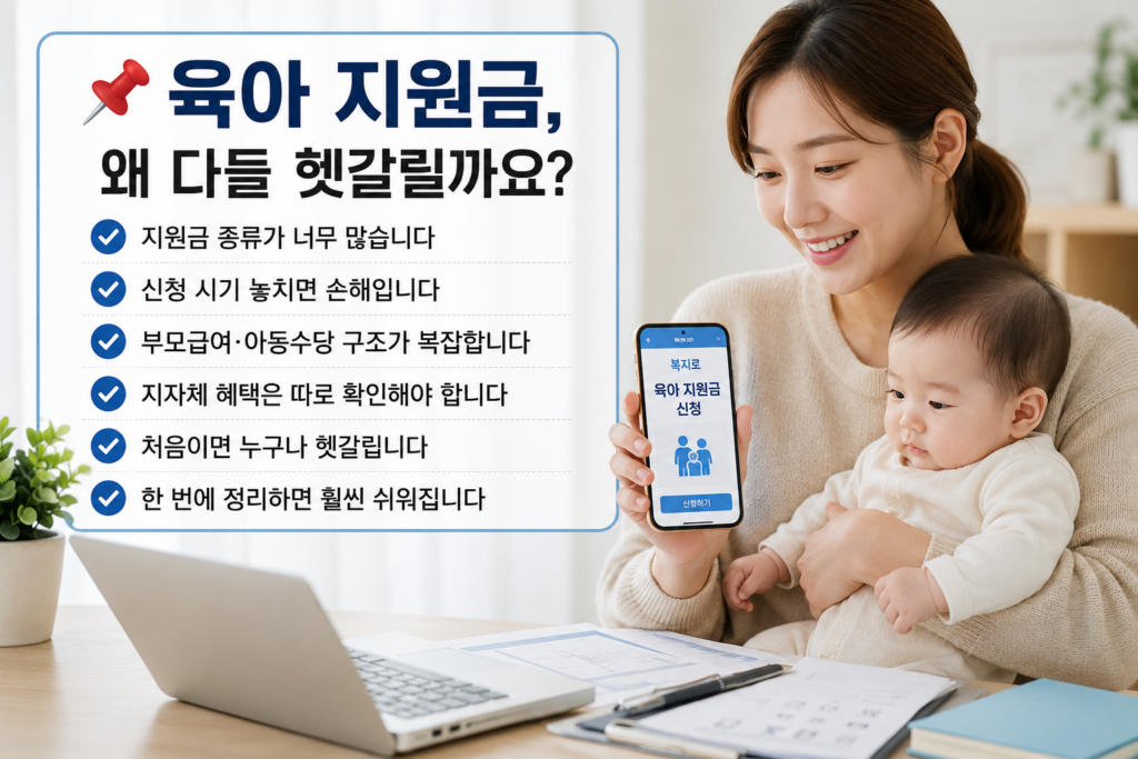 육아 지원금 신청 방법을 설명하는 현대적인 인포그래픽 이미지. 젊은 엄마가 아기를 안고 스마트폰으로 육아 지원금 신청 화면을 보여주고 있으며, 옆에는 지원금 신청 시 가장 헷갈리는 핵심 내용을 정리한 체크리스트가 배치되어 있다. 밝고 따뜻한 분위기의 이미지.