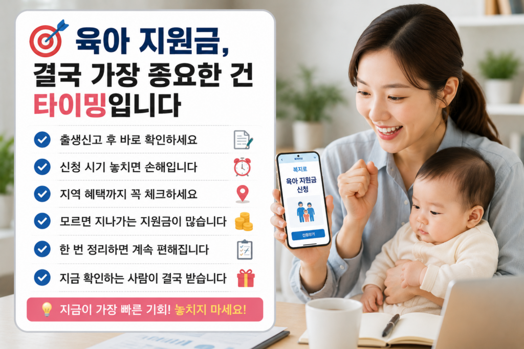 육아 지원금 신청 타이밍의 중요성을 설명하는 현대적인 인포그래픽 이미지. 젊은 엄마가 아기를 안고 스마트폰으로 육아 지원금 신청 화면을 보여주고 있으며, 왼쪽에는 출생신고·신청 시기·지역 혜택 확인 등 핵심 체크리스트가 정리되어 있다. 밝고 신뢰감 있는 이미지.