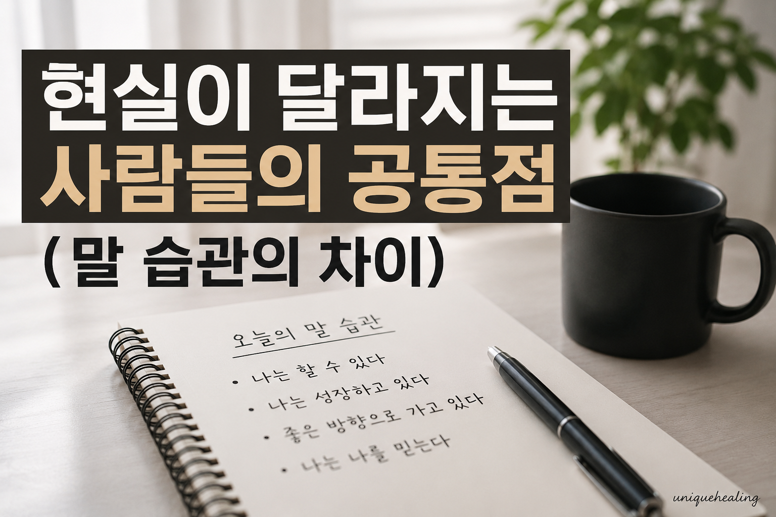 노트와 커피잔이 놓인 책상 위에 “현실이 달라지는 사람들의 공통점 (말 습관의 차이)”라는 문구가 강조된 현대적인 자기계발 홈판용 썸네일 이미지