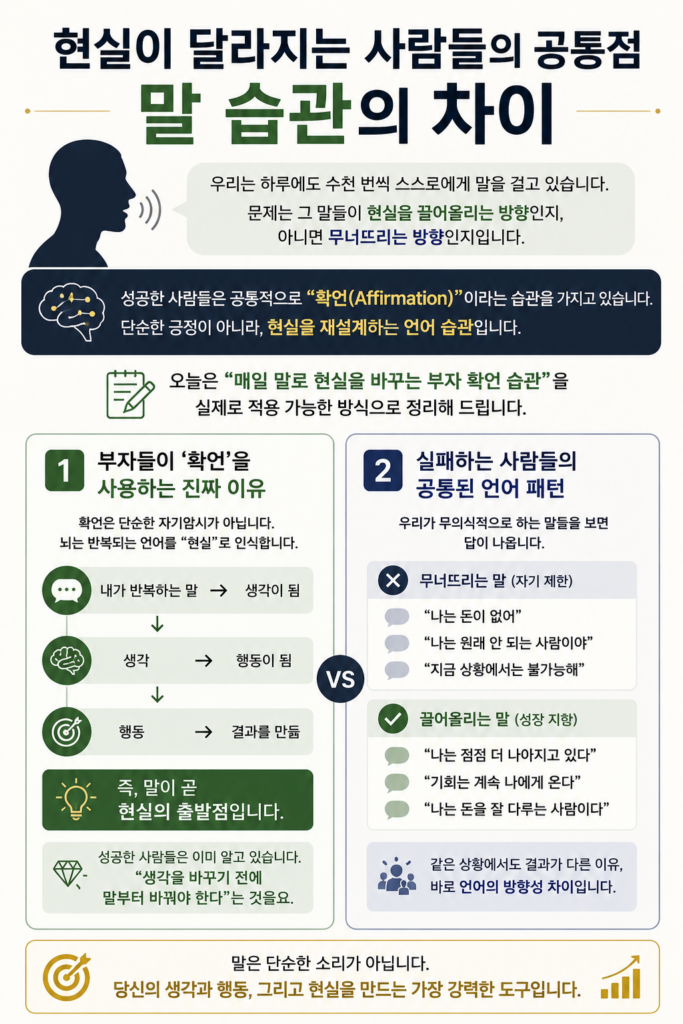 확언과 말 습관이 현실에 미치는 영향을 설명하는 자기계발 인포그래픽 이미지로, 긍정 언어와 부정 언어의 차이를 시각적으로 비교한 현대적인 디자인