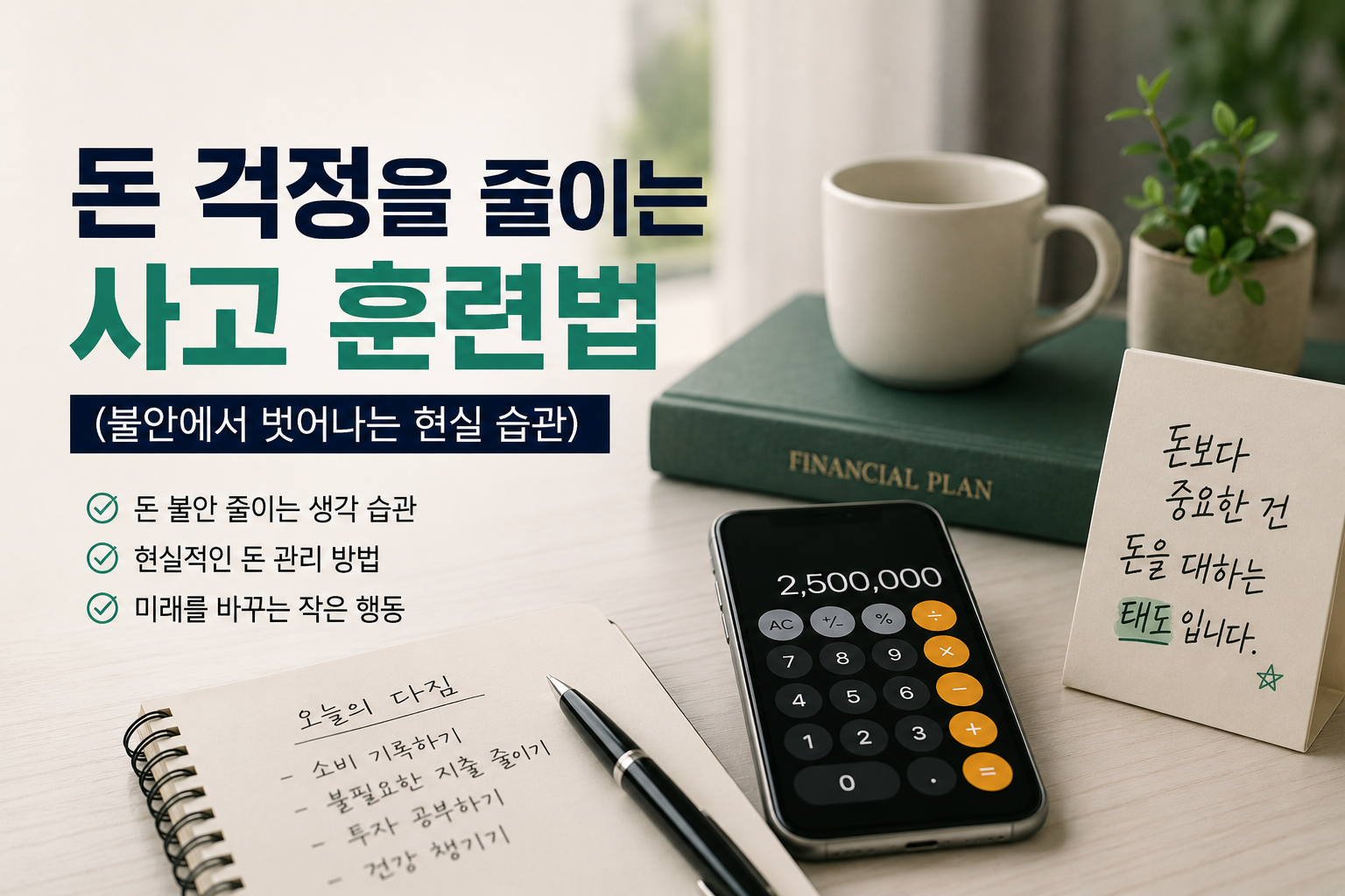 노트와 계산기, 스마트폰이 놓인 깔끔한 책상 위에 “돈 걱정을 줄이는 사고 훈련법” 문구가 강조된 현대적인 자기계발·재테크 썸네일 이미지. 현실적인 돈 관리 습관과 불안 관리 메시지를 담은 스타일 디자인.
