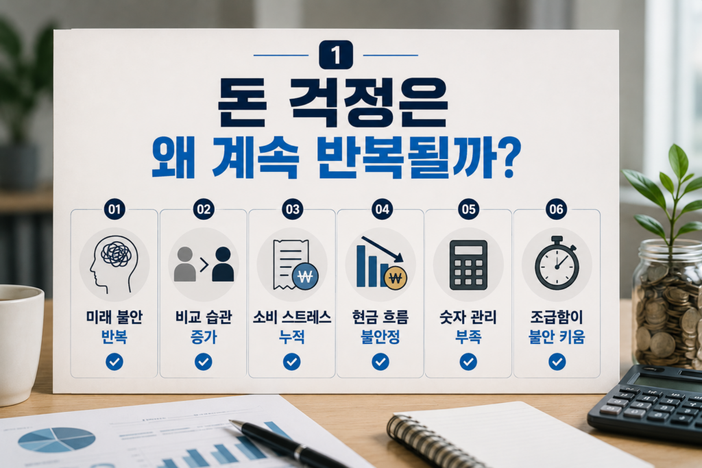 계산기와 동전 저금병, 금융 차트가 놓인 책상 위에 “돈 걱정은 왜 계속 반복될까?” 문구가 강조된 현대적인 재테크 인포그래픽 이미지. 미래 불안, 소비 스트레스, 현금 흐름 불안정 등 돈 불안 원인을 정리한 실물사진 스타일 디자인.