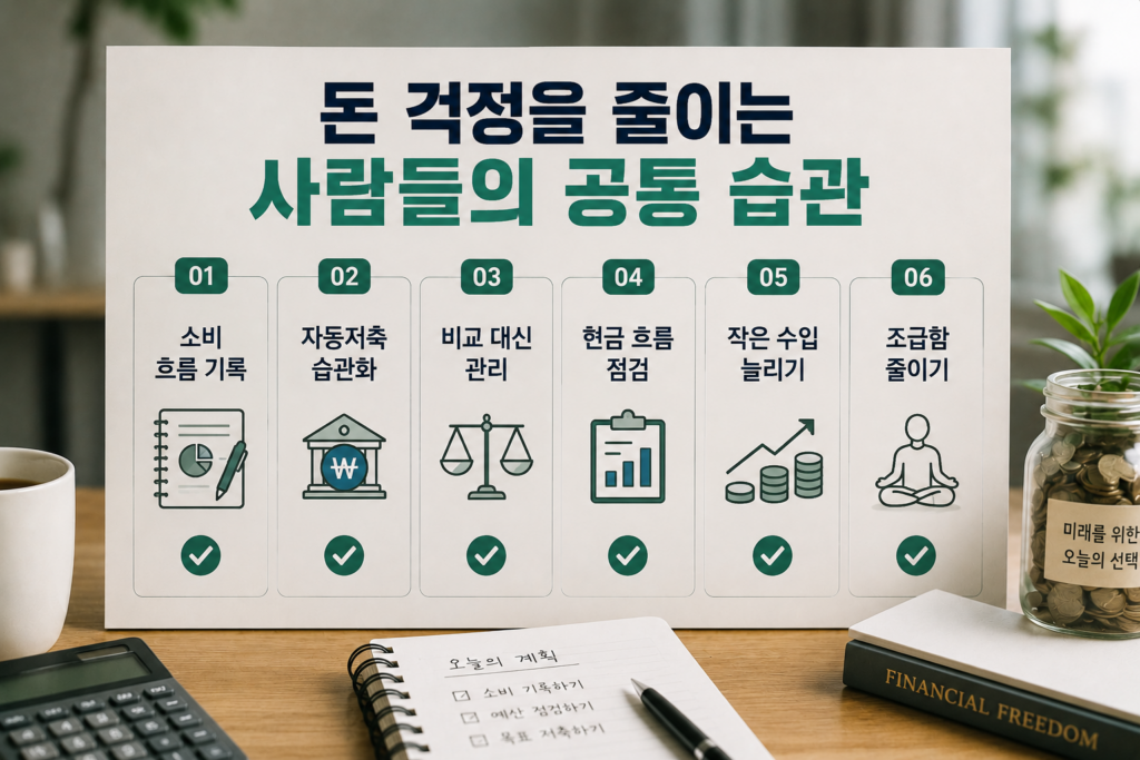 가계부 노트와 계산기, 커피잔이 놓인 현대적인 책상 위에 “돈 걱정을 줄이는 사람들의 공통 습관” 문구가 강조된 재테크 인포그래픽 이미지. 소비 기록, 자동저축, 현금 흐름 관리 등 현실적인 돈 관리 습관이 정리된 디자인.