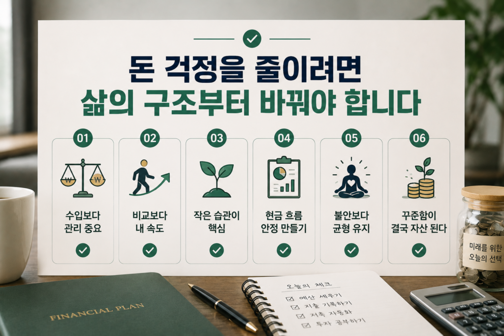 가계부 노트와 계산기, 저금병이 놓인 현대적인 책상 위에 “돈 걱정을 줄이려면 삶의 구조부터 바꿔야 합니다” 문구가 강조된 자기계발·재테크 인포그래픽 이미지. 소비 관리, 현금 흐름 안정, 꾸준한 습관 등 현실적인 돈 관리 원칙이 정리된  디자인.