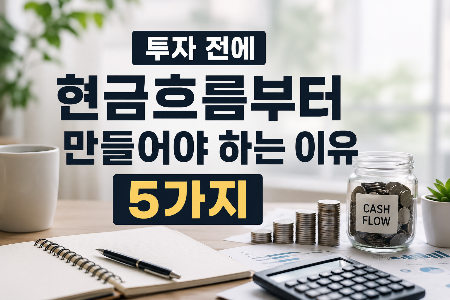 계산기와 동전, 현금흐름(CASH FLOW) 유리병이 놓인 현대적인 책상 위에 “투자 전에 현금흐름부터 만들어야 하는 이유 5가지” 문구가 강조된 재테크 썸네일 이미지. 안정적인 현금흐름과 투자 기초의 중요성을 표현한 디자인.