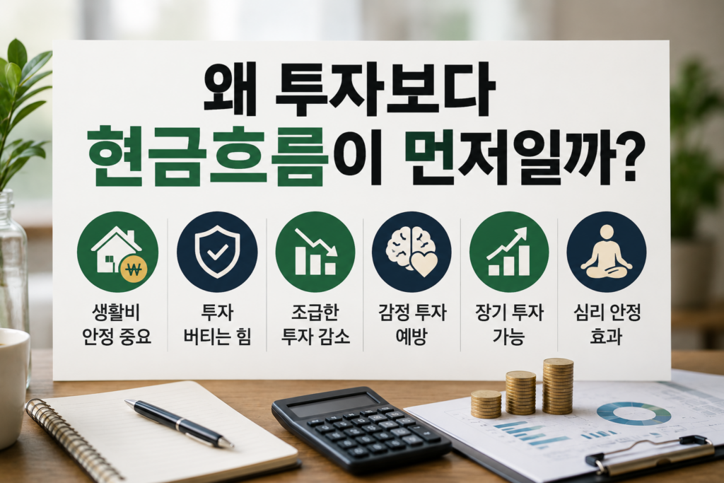 계산기와 동전, 재무 차트가 놓인 책상 위에 “왜 투자보다 현금흐름이 먼저일까?” 문구가 강조된 현대적인 재테크 인포그래픽 이미지. 생활비 안정, 장기 투자, 감정 투자 예방 등 현금흐름의 중요성을 정리한 디자인.