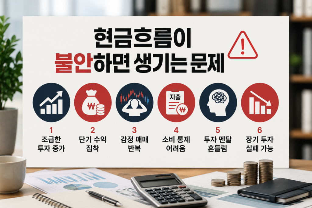 계산기와 하락 그래프, 흩어진 동전이 놓인 현대적인 책상 위에 “현금흐름이 불안하면 생기는 문제” 문구가 강조된 재테크 인포그래픽 이미지. 조급한 투자, 감정 매매, 소비 통제 어려움 등 투자 실패 원인을 정리한  디자인.