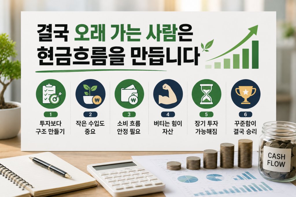 현금흐름(CASH FLOW) 유리병과 동전 그래프, 계산기가 놓인 현대적인 책상 위에 “결국 오래 가는 사람은 현금흐름을 만듭니다” 문구가 강조된 재테크 인포그래픽 이미지. 투자 구조, 장기 투자, 꾸준한 현금흐름 관리 중요성을 표현한 디자인.