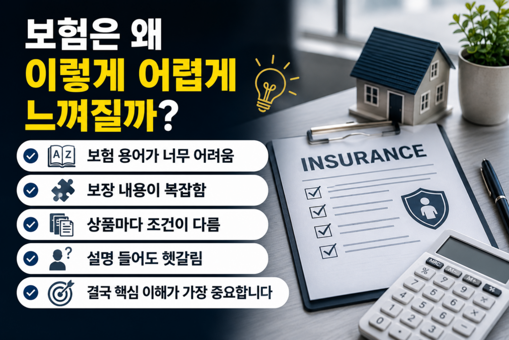 보험 서류와 계산기, 보장 아이콘이 함께 배치된 현대적인 보험 이해 인포그래픽 이미지