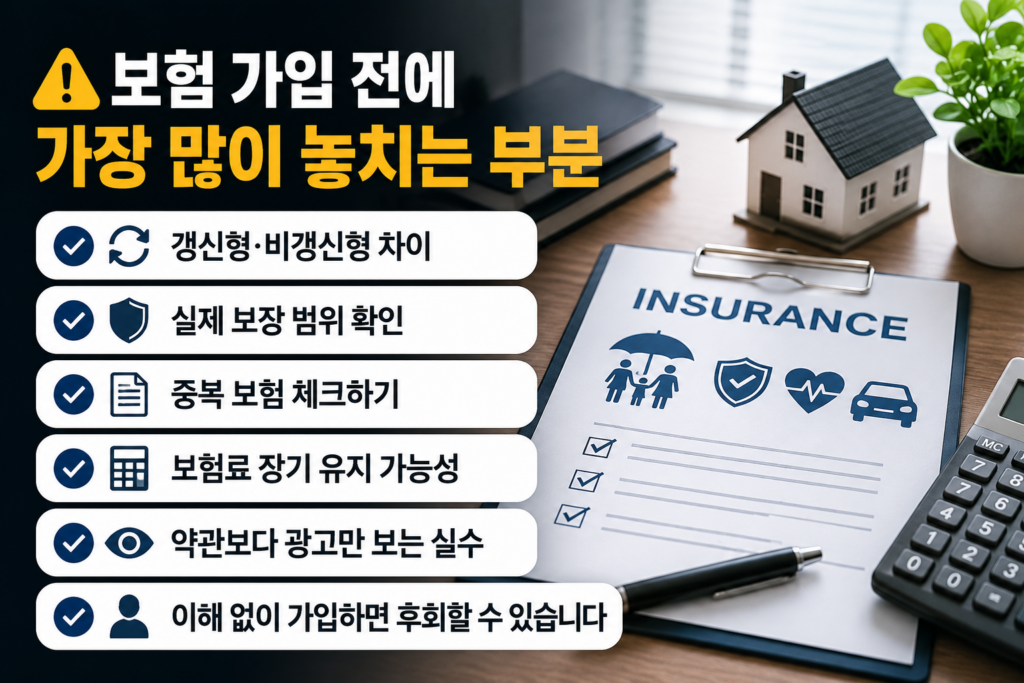 보험 가입 체크리스트와 계산기, 보험 서류가 배치된 현대적인 보험 가입 인포그래픽 이미지