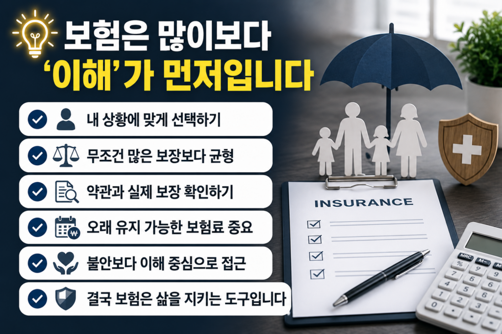 보험 약관과 체크리스트, 계산기와 보호 아이콘이 함께 배치된 현대적인 보험 이해 인포그래픽 이미지