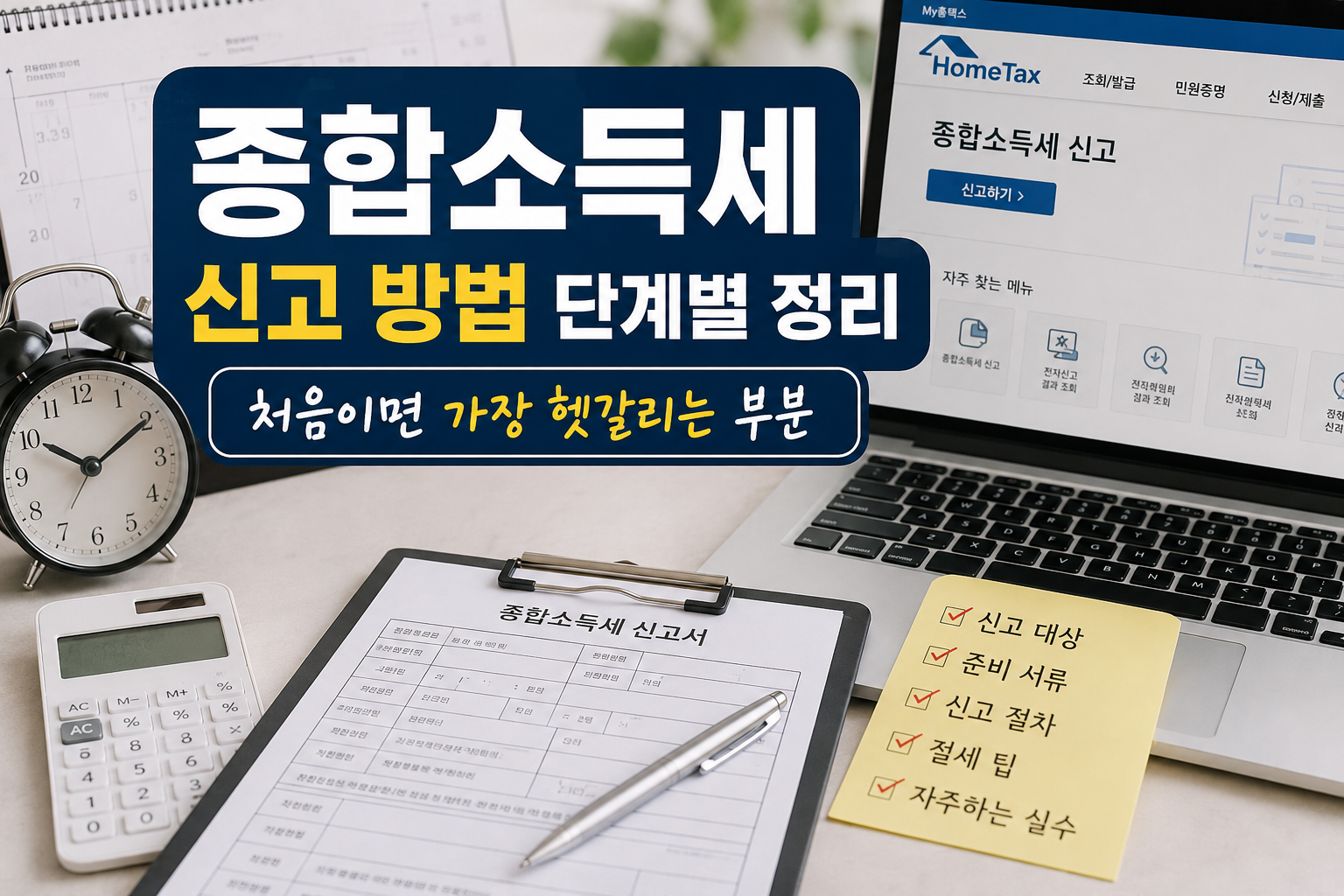 종합소득세 신고서와 계산기, 홈택스 화면이 함께 보이는 현대적인 세금 신고 썸네일 이미지