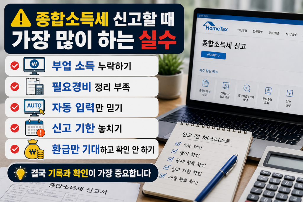 종합소득세 신고 실수 체크리스트와 홈택스 화면, 계산기가 함께 배치된 현대적인 세금 신고 인포그래픽 이미지