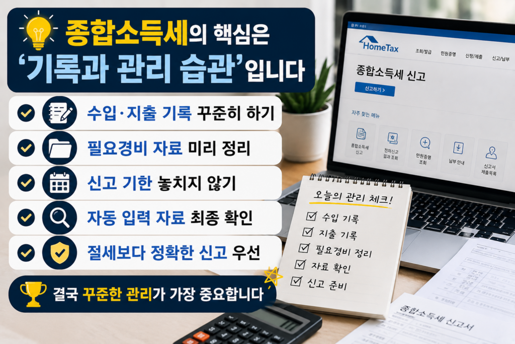 종합소득세 기록 관리 체크리스트와 홈택스 화면, 계산기 및 세금 서류가 함께 배치된 현대적인 세금 관리 인포그래픽 이미지