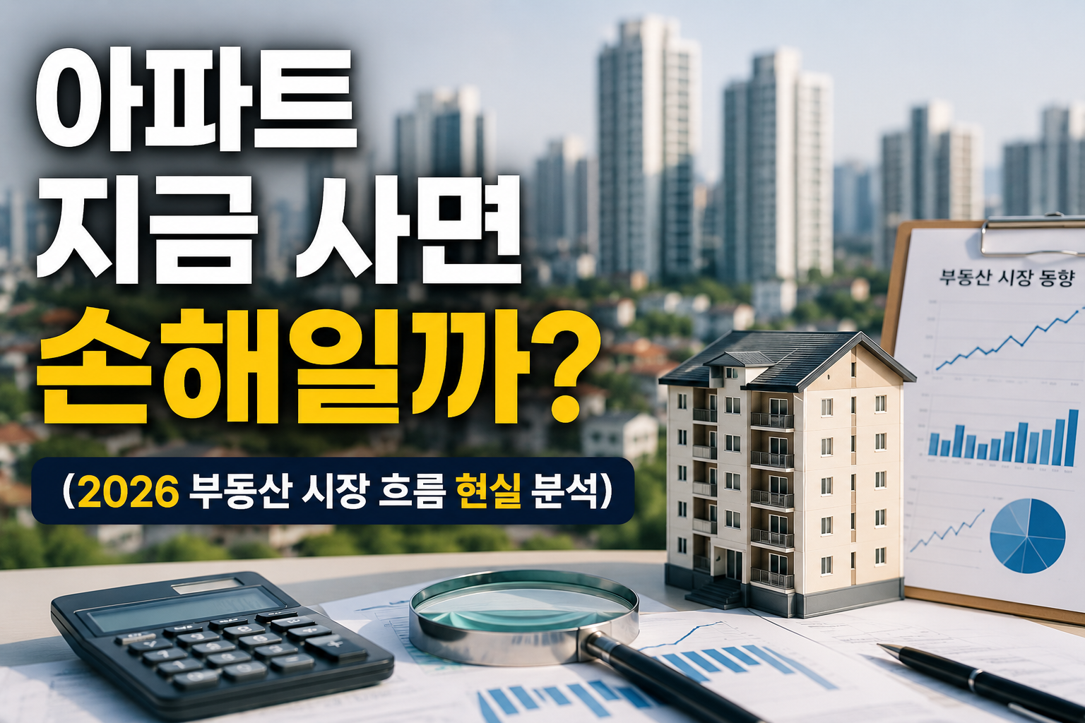 아파트 단지 배경과 부동산 시장 분석 자료, 계산기 및 아파트 모형이 함께 배치된 현대적인 부동산 썸네일 이미지