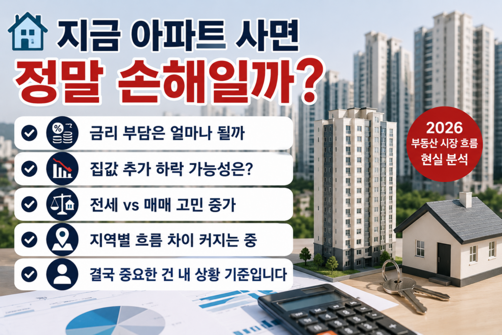 아파트 단지 배경과 부동산 분석 자료, 계산기 및 주택 모형이 함께 배치된 현대적인 부동산 시장 인포그래픽 이미지