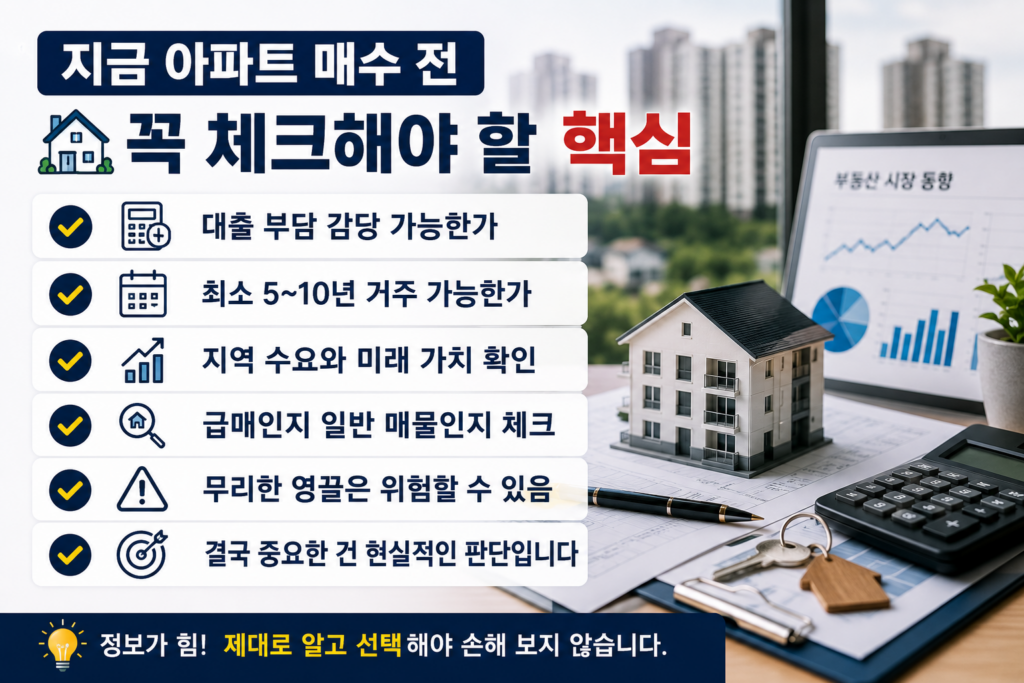 아파트 모형과 부동산 체크리스트, 계산기 및 시장 분석 차트가 함께 배치된 현대적인 부동산 인포그래픽 이미지