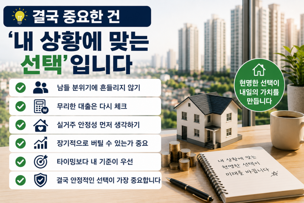 아파트 모형과 동전, 부동산 체크리스트 및 고층 아파트 배경이 함께 표현된 현대적인 부동산 인포그래픽 이미지