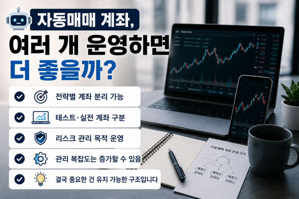 여러 개의 자동매매 계좌 개념과 주식 차트 화면, 리스크 관리 아이콘이 함께 표현된 현대적인 자동매매 인포그래픽 이미지