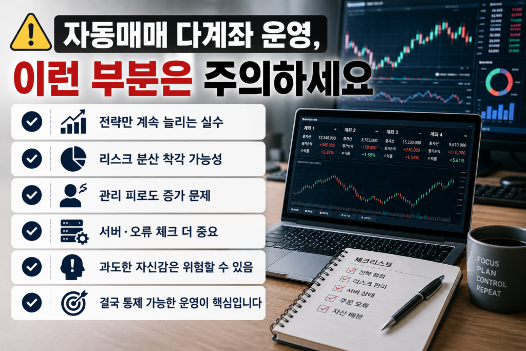자동매매 다계좌 운영 리스크와 서버 관리 개념을 표현한 현대적인 자동매매 인포그래픽 이미지