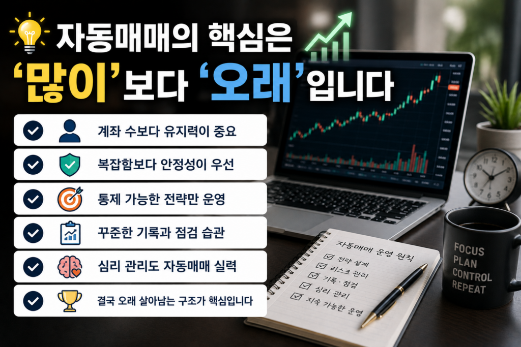 자동매매 장기 운영 개념과 안정적인 투자 구조를 표현한 현대적인 자동매매 인포그래픽 이미지