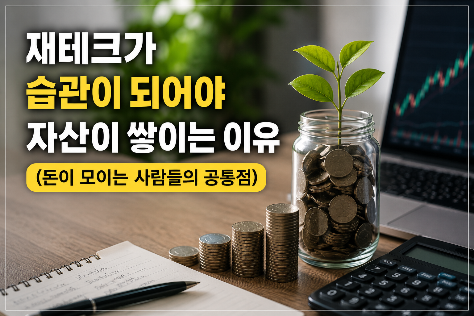 동전이 쌓인 유리병과 성장하는 새싹, 재테크 기록 노트가 함께 표현된 현대적인 재테크 인포그래픽 이미지