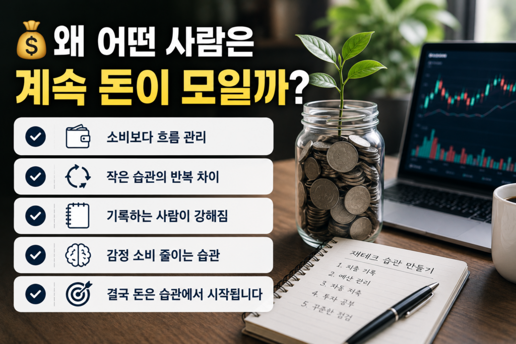 동전과 가계부 노트, 소비 기록 체크리스트가 함께 배치된 현대적인 재테크 습관 인포그래픽 이미지