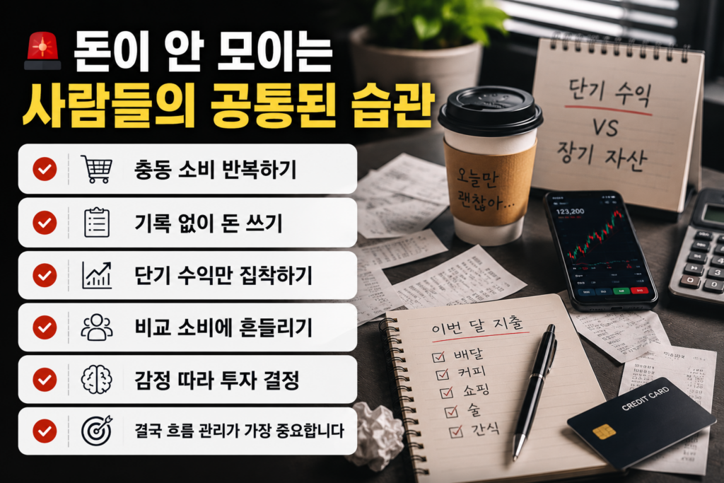 충동 소비와 감정 투자 패턴을 표현한 소비 관리 중심의 현대적인 재테크 인포그래픽 이미지