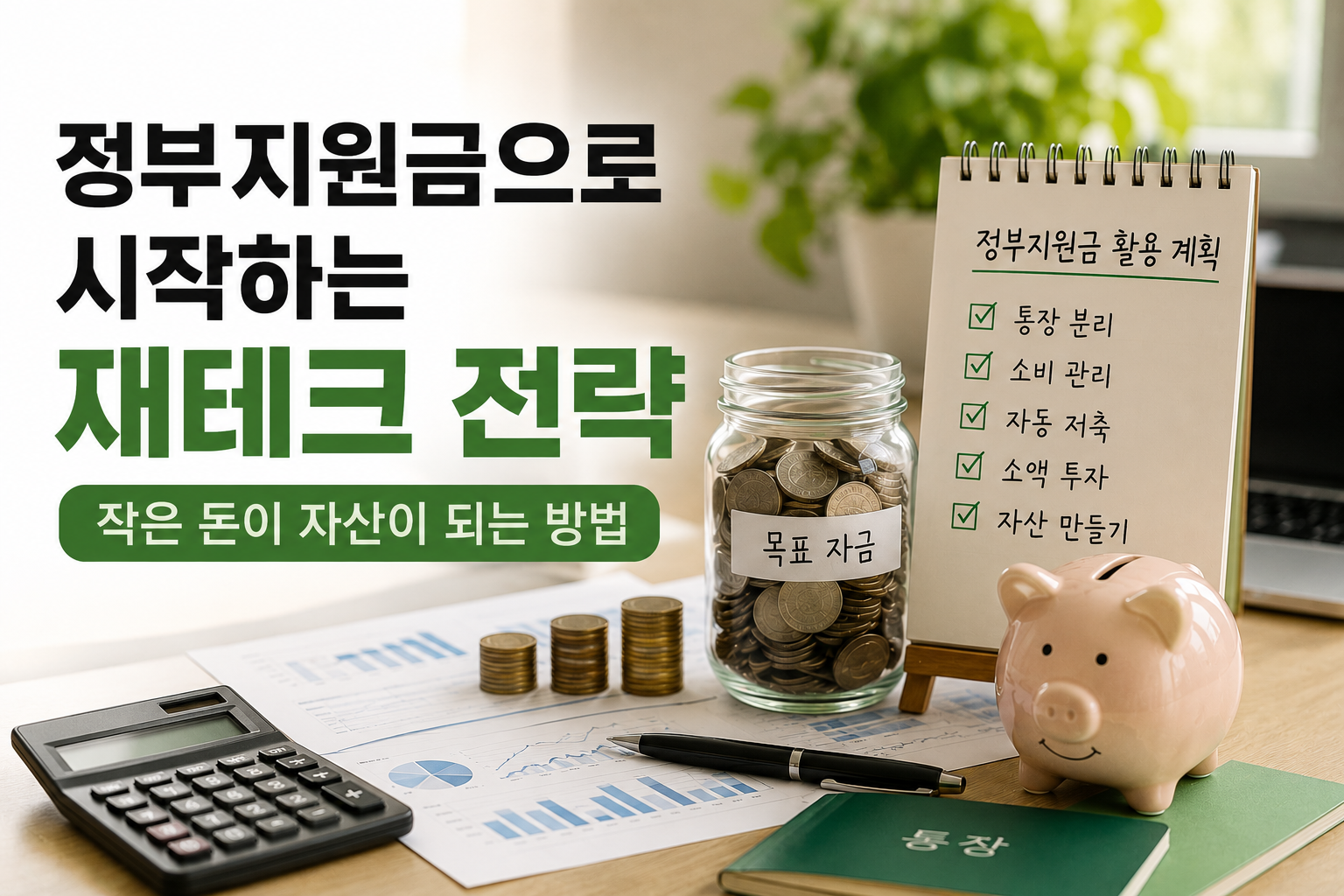 정부지원금 활용 계획표와 저금통, 동전 저축병이 함께 표현된 현대적인 재테크 썸네일 이미지