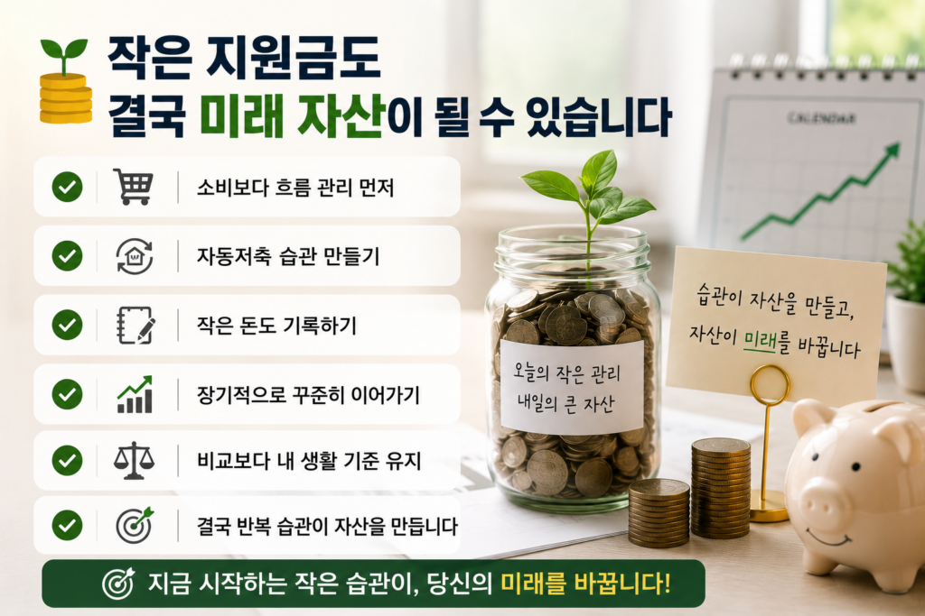 정부지원금 저축 습관과 장기 자산 형성을 표현한 현대적인 재테크 인포그래픽 이미지