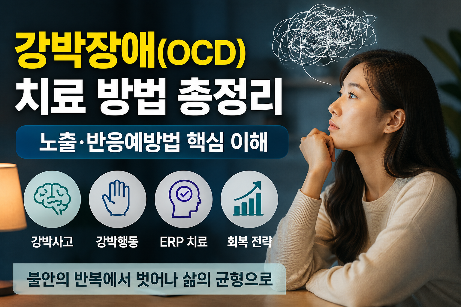 강박장애(OCD) 치료 방법과 ERP 노출·반응예방법 핵심 내용을 표현한 현대적인 정신건강 블로그 썸네일 이미지