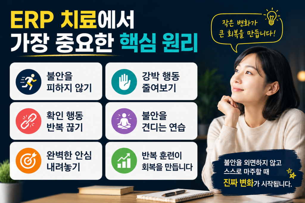 ERP 치료 핵심 원리와 불안 노출 훈련 과정을 표현한 현대적인 정신건강 인포그래픽 이미지