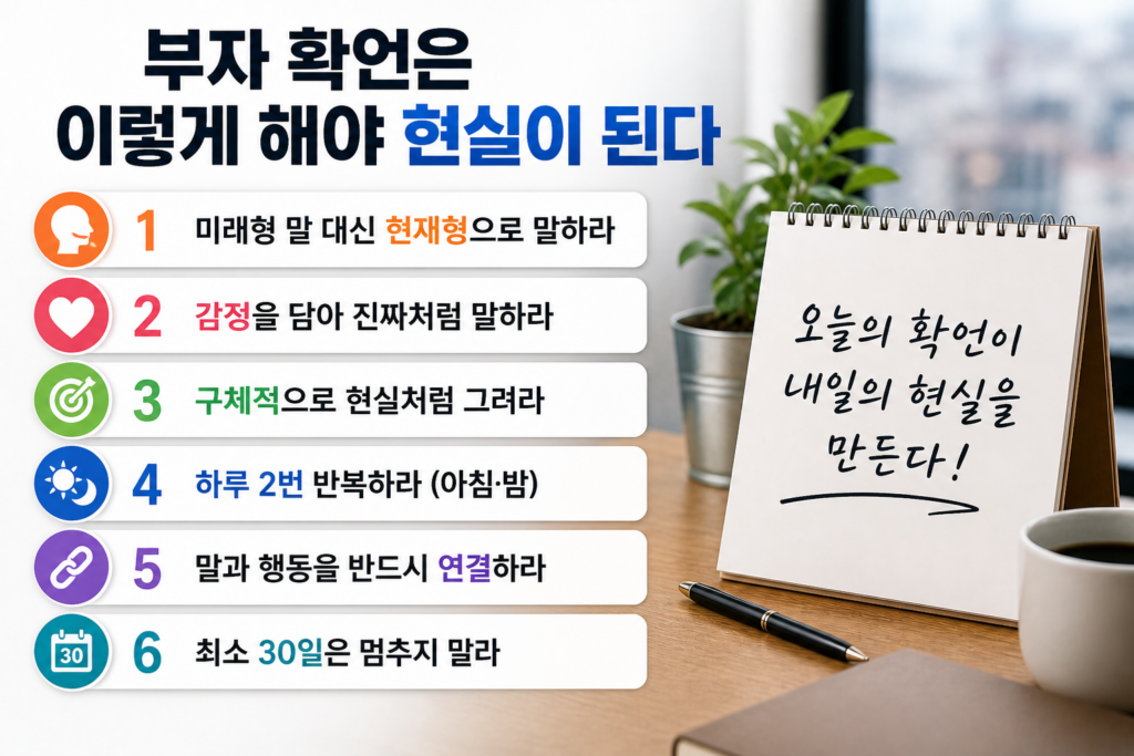 현대적인 책상 위 노트에 확언 문구가 적혀 있고, 왼쪽에는 부자 확언을 실천하는 방법 6단계를 아이콘과 함께 정리한 자기계발 인포그래픽 이미지