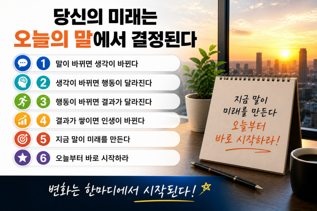 노을이 비치는 도시 전망과 함께 책상 위 노트에 확언 문구가 적혀 있고, 말이 생각과 행동, 결과로 이어져 인생을 바꾸는 과정을 단계별로 보여주는 자기계발 인포그래픽 이미지